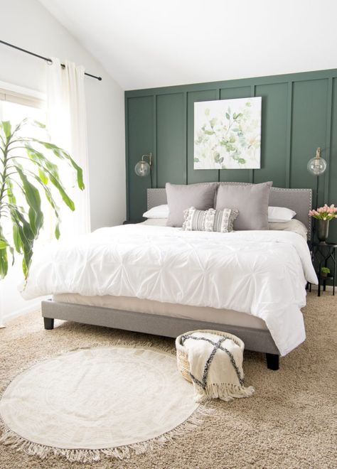 Farmhouse Tour Friday {vol.19} Green And White Bedroom, Farmhouse Tour, Diy Upholstery, Farmhouse Style Bedrooms, Sage Green Bedroom, Upholstery Projects, Green Walls, Green Rooms, Bedroom Paint