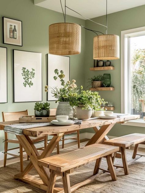 Greenery Dining Room Decor, Modern Green Dining Room, Boho Chic Dining Room Decor, Green Themed Dining Room, Grey And Green Dining Room, Colours For Dining Room, Small Dining Room Ideas Boho, Art Wall Dining Room, Dinning Room Ideas Boho