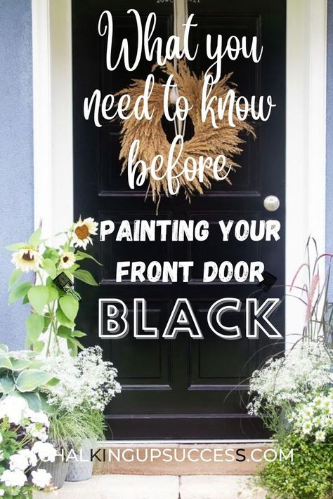 Black Exterior Door Paint Color, Black Front Door Decor Entrance, Painting Exterior Door Black, Paint Exterior Door Black, Front Door Colors Black House, Front Door Way Ideas, Best Black Front Door Color, Black Exterior Door Colors, Black Door Outside