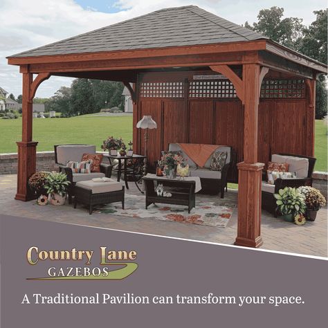 A Traditional Pavilion with a privacy wall can transform your backyard! www.gazebo.com/pavilions #CountryLane #outdoorliving #outdoorlife #entertaining #summer Patio Cover With Privacy Wall, Privacy Gazebo Ideas, Gazebo With Privacy Screen, Gazebo With Privacy Wall, Gazebo Wall Ideas, Pavilion Privacy Wall, Gazebos And Pergolas Outdoor Pavilion Garden Structures, Gazebo With Walls, Gazebo Privacy Wall