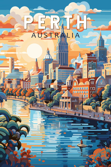 Vintage-style poster showcasing the tranquil beauty of Perth, Australia, perfect for adding coastal nostalgia to your decor. Australia Travel Poster, Vintage Travel Posters Australia, Travel Poster Aesthetic, Vintage Travel Poster, Travel Poster, Vintage Travel Posters Art Deco, Poster Vintage Retro, Posters Australia, Travel Tshirt