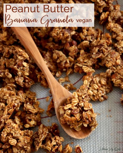 Granola clusters on baking tray with wooden spoon, pointing to bottom left corner, topped with granola. Transparent white box in top left has brown text over top reading "Peanut Butter Banana Granola vegan" Banana Oat Granola, Granola Recipe With Banana, Banana Granola Recipe, Peanut Butter Banana Granola, Nut Granola Recipe, Vegan Granola Recipe, Granola Homemade, Health Bars, Banana Granola