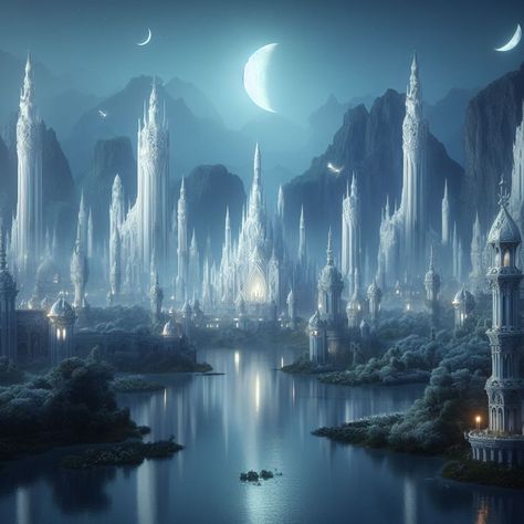 Mythical World Art, Moon City Fantasy Art, Sea City Fantasy Art, Moon Temple Fantasy Art, Magic City Fantasy Art, Fantasy Ocean Kingdom, Sea Kingdom Aesthetic, Fantasy Kingdom Inspiration, Moon Kingdom Fantasy Art