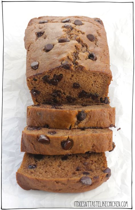 This Vegan Chocolate Chip Pumpkin Bread is so tender, it's deliciously moist, chocolatey, pumpkin infused, and surprisingly easy to make too! Just whip up the simple batter, pour in a pan, and bake. That's it. And if you don't like chocolate (weirdo), you can either omit the chocolate chips, or replace them with crunchy walnuts, pecans, or pepitas. #itdoesnttastelikechicken #veganbaking #pumpkin Oat Flour Banana Bread, Cake Mix Banana Bread, Vegan Pumpkin Spice, Spice Cake Recipes, Chocolate Chip Bread, Pumpkin Chocolate Chip Bread, Pumpkin Chocolate Chip, Chocolate Chip Banana Bread, Pumpkin Chocolate Chips