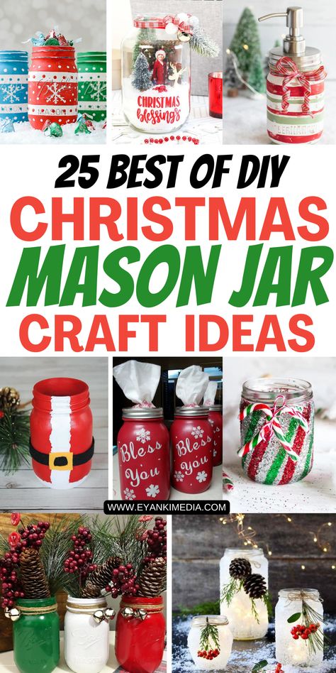 Looking for easy Christmas craft ideas? Try these simple festive Mason Jar Christmas Crafts! Perfect for adding a personal touch to your Christmas decor, these easy mason jar crafts DIY projects are fun and budget-friendly. Discover creative Christmas mason jar ideas that transform ordinary jars into beautiful decorations. From glittery candle holders to adorable snowman, these Mason jar crafts decorations will brighten up your home and bring holiday cheer. Get inspired and start crafting today! Christmas Mason Jar Candle Holders, Mason Jar Snowman Diy, Diy Christmas Candles Jars, Christmas Decor Jars, Dollar Tree Mason Jar Ornaments Diy, Canning Jar Crafts Diy Projects, Easy Mason Jar Christmas Gifts, Quart Jar Crafts, Mason Jar Ideas For Christmas