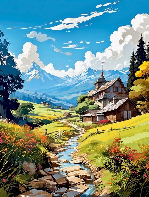 Swiss Mountains, Valley Landscape, Mountain Illustration, Scenery Paintings, Image Nature, Landscape Art Painting, Landscape Artwork, Landscape Drawings, Mountain Paintings