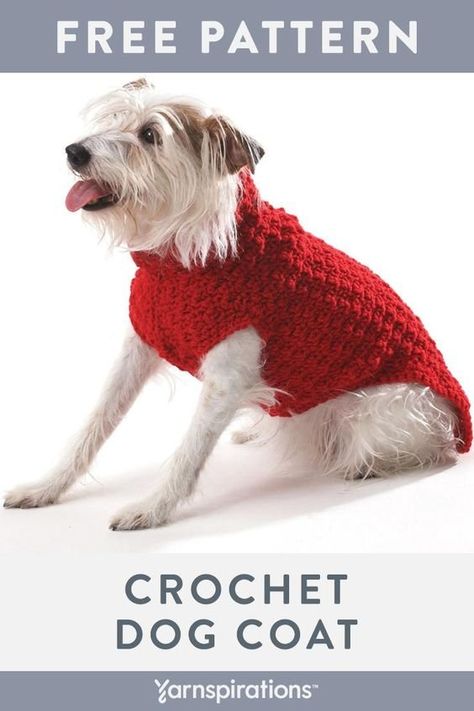 Free Crochet Dog Sweater Pattern | Made with Bernat Super Value yarn | #Yarnspirations #Bernat #BernatSuperValue #DogSweater #DogCoat #FreeCrochetPattern Chunky Dog Sweater Pattern, Crochet Dachshund Sweater, Crochet Large Dog Sweater, Crochet Dog Jacket, Crocheted Dog Sweaters, Dog Crochet Patterns Free, Dog Crochet Sweater, Crochet Dog Sweater Pattern, Dachshund Coat