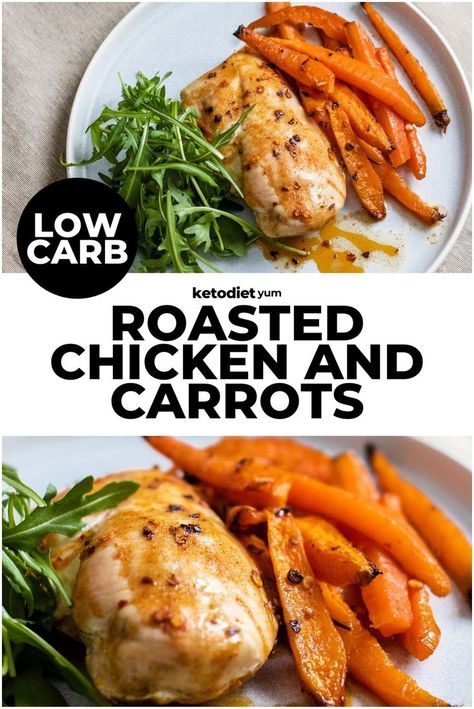 This low carb roasted chicken and carrots recipe makes a quick, easy and healthy dinner in one pan. Chicken breasts and carrots coated with a spicy garlic sauce and then roasted to perfection — so simple and so delicious! Carrots And Chicken Recipe, Chicken And Roasted Carrots, Roasted Chicken And Carrots, Chicken And Carrot Recipes, Chicken Carrots Recipe, Chicken And Carrots, Garlic Roasted Chicken, Chicken Carrots, Roasted Garlic Chicken