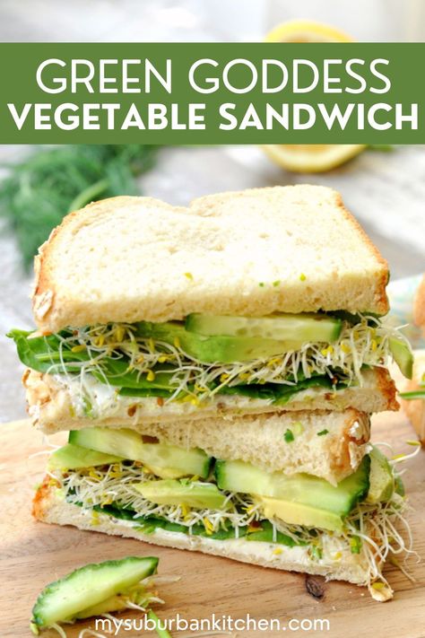 A green goddess vegetable sandwich is the perfect veggie sandwich for lunch, your next picnic, or even as a light dinner. Use a homemade green goddess dressing recipe for a tasty vegetarian meal option that is packed with veggies and nutritional benefits. | vegetable sandwich recipes | vegetable sandwich ideas | green goddess sandwich recipe | how to make a vegetable sandwich | best vegetable sandwich | healthy sandwich ideas | vegetarian sandwich recipes | vegetarian sandwich ideas Green Sandwich Recipe, Greek Goddess Sandwich, No Cheese Sandwich Ideas, Green Goddess Sandwich Recipe, Turkey Veggie Sandwich, Veggie Salad Sandwich, Vegetable Sandwich Ideas, Vegan Veggie Sandwich, Vegitaren Recipes Sandwiches