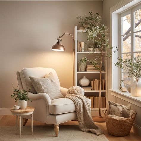 Formal Living Room Reading Room, Spare Corner Ideas, Reading Nook Plants Cozy Corner, Cozy Coffee Corner Reading Nooks, Snug Corner Ideas, Reading Place Ideas, Reading Chaise Cozy Corner, Love Seat Reading Nook, Hall Corner Ideas