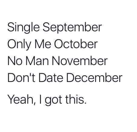 just me January forever alone February me, myself, and I March all alone April more or less me May just alone June just chill July actually anti-social August Single Humor Hilarious, Being Single Humor, Funny Quotes About Being Single, Quotes About Being Single, Single Quotes Funny, Single Life Quotes, Single Humor, Humor Hilarious, Beth Moore