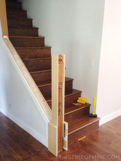 White Wood Stair Railing, Square Banister Post, How To Replace Banister Spindles, Cover Stair Railing, Adding Railing To Stairs, Staircase Design Craftsman, Replacing Balusters Diy, Stair Rail Ideas Banisters, Replacing Banister Spindles