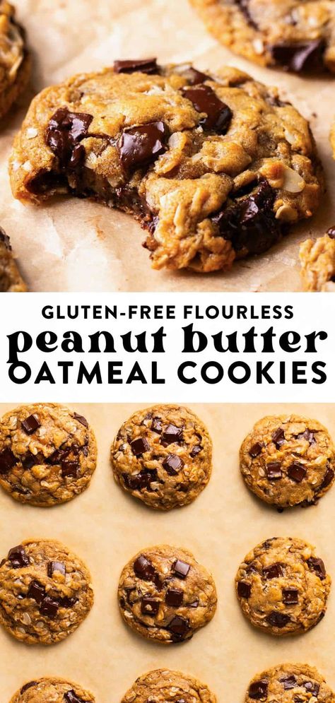 You only need 7 ingredients for these soft and chewy flourless oatmeal peanut butter cookies! Skip the flour and butter to make naturally gluten-free cookies with peanut butter, oats, and egg as the base. Add some chocolate chips for the perfect cookie. Flourless Oatmeal Peanut Butter Cookies, Oatmeal Cookies Gluten Free, No Flour Peanut Butter Cookies, Peanut Butter Oat Cookies, Flour Free Cookies, Flour Free Desserts, Butter Free Cookies, Easy Gluten Free Cookies 4 Ingredients, No Bake Gluten Free Cookies