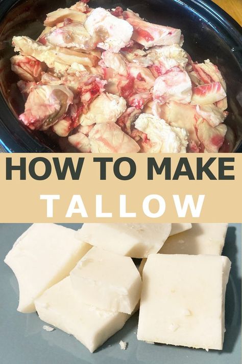 Beef suet in crockpot above rendered tallow with text How To Make Tallow Make Tallow, Tallow Recipe, How To Render, Beef Tallow, Homemade Beef, Stock Pot, Reduce Food Waste, Grass Fed Beef, Soap Recipes