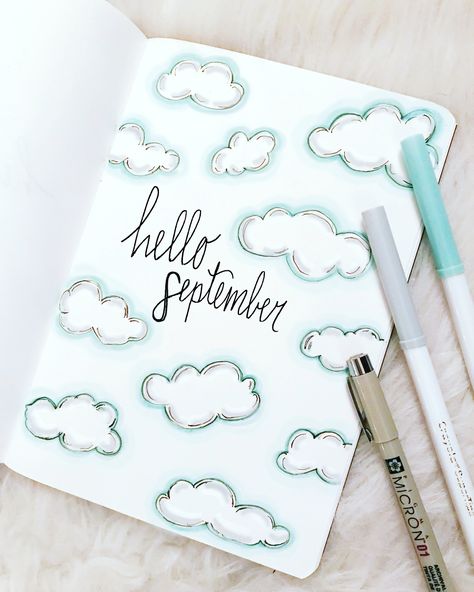 September cloud themed cover page was so much fun to create! Read more about the inspiration behind this design and the tools I used! #bujo #bulletjournal #planner #art #doodle #crayola #sketch #clouds #september Homeschool Station, September Cover Page, Bullet Journal September, Bullet Journal Month, Bullet Journal Page, Teacher Freebies, Creating A Bullet Journal, Bullet Journal Cover Page, Bullet Journal Cover Ideas