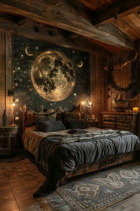 Wooden House Bedroom Ideas, Dark Green Witchy Bedroom, Cozy Bedroom With Lights, Celestial Themed Bedroom, Rustic Room Decor Ideas, Magical Interior Design, Moon Themed Bedroom, Ethereal Room Aesthetic, Bedroom Ideas Earthy