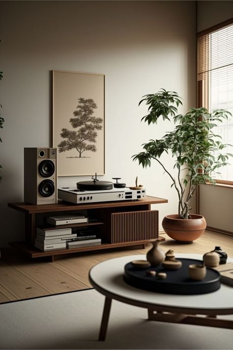 Nyc Apartment Plants, Japandi Mid Century Living Room, Mid Japandi Living Room, Black Japandi Living Room, Industrial Japandi Interior Design, Japanese Aesthetic Home, Mid Japandi, Japandi Industrial, Japanese Modern Interior