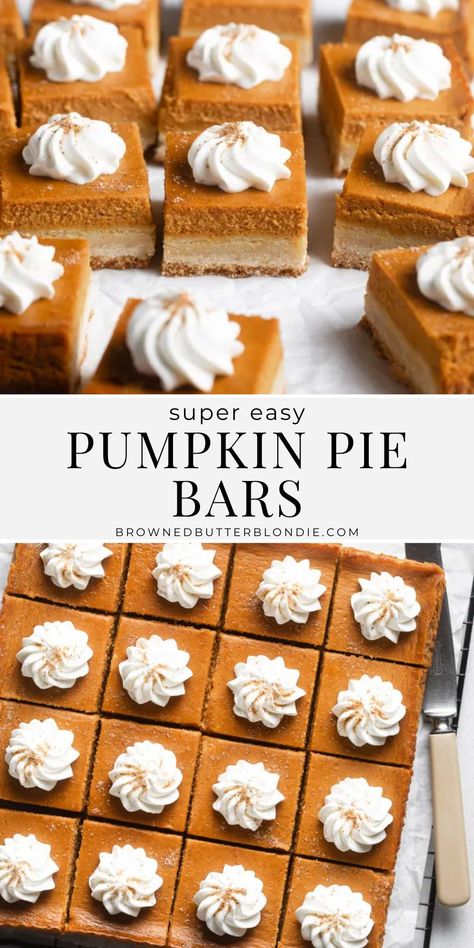 These pumpkin pie bars taste just like pumpkin pie but are so much easier to make. Made with simple shortbread crust and a creamy pumpkin filling, these homemade pumpkin bars are the perfect recipe for feeding a crowd! | Browned Butter Blondie Browned Butter Pumpkin Pie, Pumpkin Pie Bars With Cream Cheese Frosting, Pumpkin Cheesecake Cookie Bars, Pampered Chef Pumpkin Bars, Farmhouse On Boone Pumpkin Pie, Pumpkin Pie Squares Easy, Creamy Pumpkin Bars, Pumpkin Dessert Bars Recipes, Pumpkin Pie Blondies