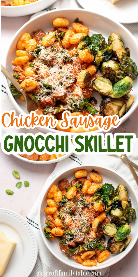 Pinterest graphic with photo collage and text that reads "chicken sausage gnocchi skillet" Dinner Recipes Chicken Sausage, Chicken Sausage Meals Healthy, Protein Gnocchi Recipes, Spicy Jalapeno Chicken Sausage Recipes, Dinner Ideas With Chicken Sausage, Smoked Sausage And Gnocchi Recipes, Gnocci Meals With Chicken, Spicy Chicken Sausage Recipes, Fall Dinner For 2