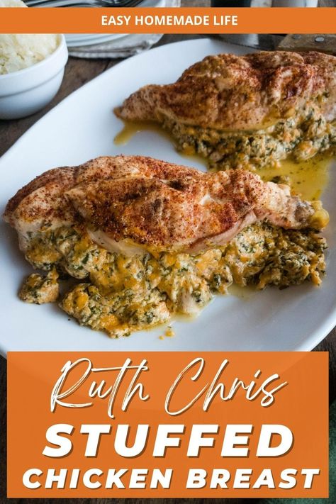 Make this quick and easy Ruth Chris Stuffed Chicken for dinner tonight. This budget-friendly meal boasts chicken breasts stuffed with a rich blend of cream cheese, cheddar cheese, dry Ranch seasoning, and Worcestershire sauce. Bake until golden brown, and then sit down to dine on a restaurant-style comfort food copycat recipe at home. Ruth Chris Stuffed Chicken, Ruth Chris Stuffed Chicken Recipe, Stuffed Chicken Recipe, Chicken For Dinner, Dry Ranch Seasoning, Ruth Chris, Cheese Cheddar, Stuffed Chicken Breast, Chicken Entrees