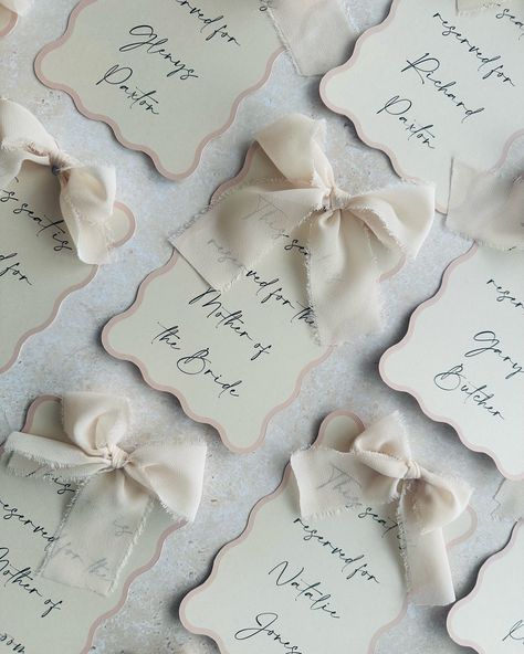 ✨ reserved seat tags✨ these little beauties have been a popular on the day wedding stationery item and always look great for your guests looking for their ceremony seat 🤩🥰 ##WeddingPlaceCards #WeddingDetails #CustomWeddingDesign #WeddingInspo #TableDecor #WeddingPlanning #UniquePlaceCards #Personalisedweddings #WeddingStationery #CreativeWeddings #ribbon #bow On The Day Stationery, Reserved Seating Wedding, Reserved Seating, Chiffon Ribbon, Ceremony Seating, Pink Chiffon, Cards Ideas, Wedding Seating, Stationery Items