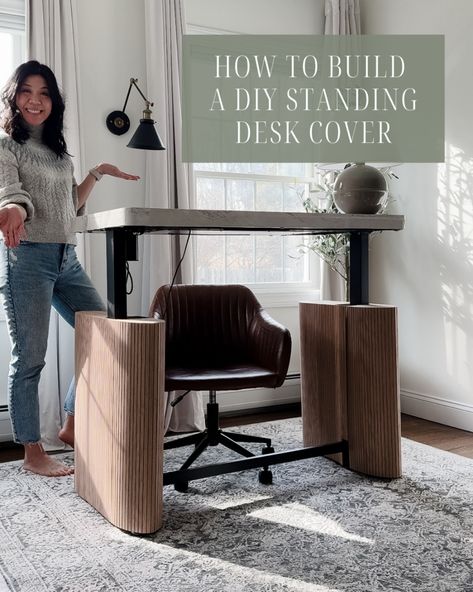 Easy DIY Standing Desk Cover Design Upgrade - ourhomebecoming.com Standing Desk With File Cabinet, Standing Desk In Living Room Apartment, Standing Desk Hide Cords, Glass Top Desk Ideas Home Office, Standing Desk In Middle Of Room, Wall Facing Desk Office Ideas, Small Office Ideas With Standing Desk, Mid Century Modern Standing Desk, Adjustable Desk Ideas