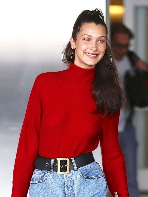 Red Shirt And Jeans Outfit, Red Sweater, Red Turtleneck Outfit, Coated Jeans Outfit, Red Jeans Outfit, Crew Neck Sweater Outfit, Sweater Weather Outfits, Red Sweater Outfit, Bootcut Jeans Outfit