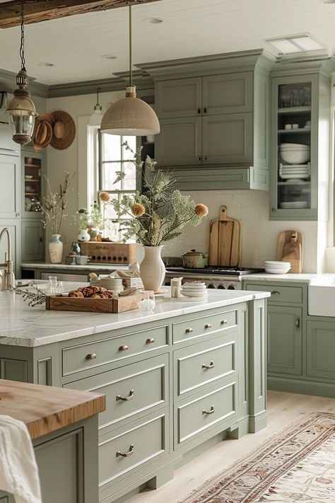 Farmhouse Kitchen Aesthetic, Soft Green Kitchen, Sage Green Cabinets, Cabinet Color Ideas, Sage Kitchen, Kitchen Cabinet Color Ideas, Kitchen Goals, Sage Green Kitchen, Green Kitchen Cabinets