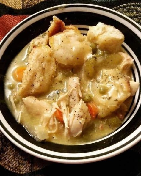 Crockpot Chicken and Dumplings asy... - Delicious Delights Angel Hair Chicken, Crockpot Chicken And Dumplings, Chicken Slices, Dumplings For Soup, Cream Of Celery Soup, Freezer Meal, Dumpling Recipe, Mommy Style, Meal Recipes