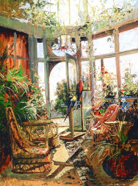 "Sunlit Conservatory with Parrots" by Olga Wisinger-Florian (1844 - 1926). See more art for inspiration at fieldandgarden.com. :::::::::::::::: #fieldandgarden #fieldgardenblog #arthistory #artappreciation #conservatoriesinart #gardensinart #natureinart Parrot Painting, Victorian Garden, Oil Painting Reproductions, Old Paintings, Art Appreciation, Painting Wallpaper, Painting Reproductions, Interior Art, 인테리어 디자인