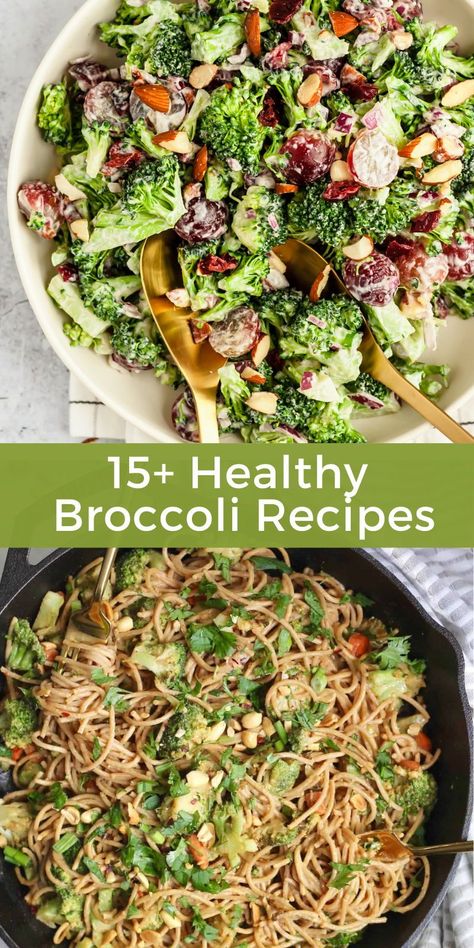 Let broccoli be the star of your next meal! Here's 15+ recipe ideas made with fresh or frozen broccoli that are great, easy ways to enjoy more of this nourishing green veggie! With recipe suggestions ranging from breakfast to dinner, including hearty dinner salads, broccoli side dish suggestions, vegetable loaded soups, and filling main meals with broccoli florets, the next time you’re in the kitchen call upon this list of broccoli recipes to cook from! Broccoli Diet Recipes, Broccoli Entree Recipes, Heart Healthy Broccoli Recipes, Dinner Broccoli Recipes, Allergy Friendly Side Dishes, Brócoli Side Dish, Supper Ideas With Broccoli, Main Dishes With Broccoli, Cold Broccoli Recipes