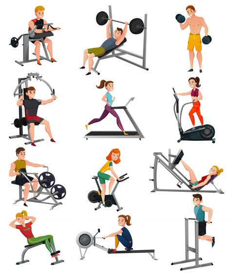 Exercise equipment with people set Free ... | Free Vector #Freepik #freevector #people #technology #woman #man Functional Training Gym, Handout Design, Exercise Images, Memory Drawing, Commercial Gym Equipment, Gym Wallpaper, Elliptical Trainer, Bike Illustration, Best At Home Workout