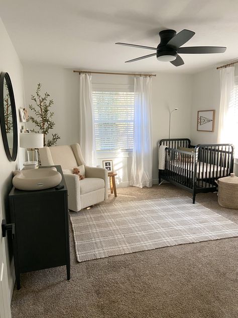 Bot Baby Nursery, Nursery With Tan Carpet, Nursery With Beige Walls, Nursery With Crib In Corner, Nursery And Computer Room, Carpet In Nursery, Nursery With Two Windows, Nursery Black Accents, Nursery With 2 Windows