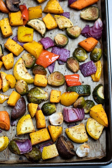 Oven Roasted Vegetables are an EASY side dish or meal prep, made with a variety of different veggies and garlic cloves, tossed in olive oil and roasted until perfectly tender! Marinade For Roasted Vegetables, Oven Grilled Vegetables Recipes, Roasted Winter Vegetables Oven, Oven Baked Vegetables Recipes, Oven Veggies Roasted, Roasting Vegetables In Oven, Roast Veggies In Oven, Roast Vegetables In Oven, Baked Veggies Oven