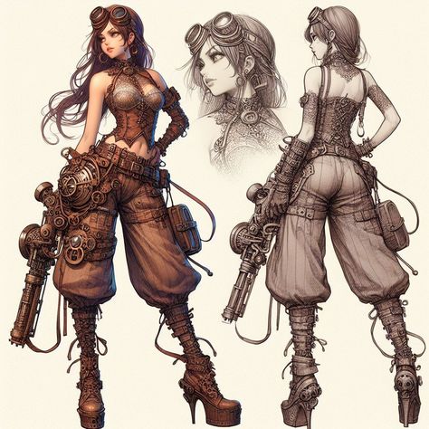 Steampunk Drawing Reference, Character Inspiration Outfits, Steampunk Mechanic Character Design, Female Steampunk Outfit, Steampunk Outfits Drawing, Steampunk Prosthetic Arm, Steampunk Dnd Character, Steampunk Character Design Female, Steampunk Female Character