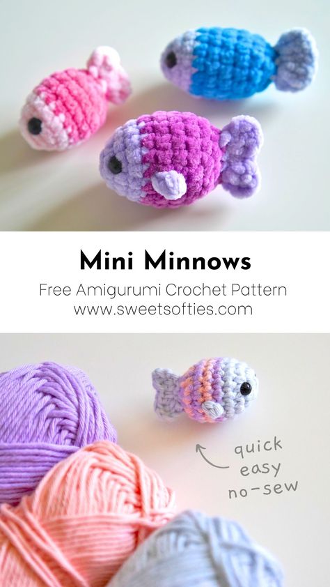 Sweet Softies: Mini Minnows · Free Amigurumi Crochet Pattern Small Animal Amigurumi Free Pattern, Crochet Mini Fish, Mini Balloon Dog Crochet Pattern Free, Amigurumi Fish Pattern, Easy Tiny Crochet Projects, Mini Stingray Crochet Pattern, Crochet Mini Stuffed Animals Free Pattern, Mini Plush Crochet Pattern, Crochet Fish Pattern Free Amigurumi