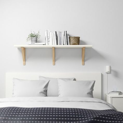 BERGSHULT / EKBY VALTER Wall shelf - white/birch - IKEA Wall Shelving Systems, Shelf Above Bed, Wall Shelves Bedroom, Ikea Bed, Deep Shelves, Organization Furniture, Estantes Flotantes, Above Bed, Shelving Systems