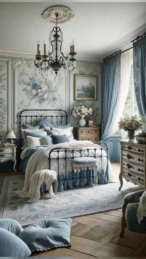 Classy Blue Bedroom Ideas, Blue And Green Farmhouse Bedroom, Bridgerton Blue Room, Vintage Blue Interior, Antique Blue Bedroom, Blue Room Aesthetic Vintage, French Country Cottage Bedroom Ideas, Bridgerton Themed Bedroom, Bridgerton Inspired Room