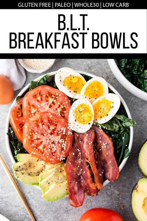 Breakfast doesn't have to mean measly meals or sugary sweets. This low carb BLT Breakfast Bowl recipe is bursting with veggies and savory flavor! With a kale base as our "lettuce," bacon, tomatoes, and soft-boiled eggs make easy toppings that'll keep you feeling full. This is one breakfast salad I wouldn't pass up! #paleo #keto #lowcarb #glutenfree #breakfastideas #breakfast Low Carb Blt, Tiny Meals, Breakfast Bowls Recipe, Paleo Recipes Breakfast, Paleo Salads, Gluten Free Recipes For Breakfast, Breakfast Salad, Breakfast Bowl, Paleo Breakfast