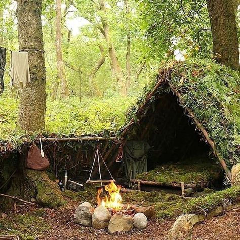 moss covered survival shelter in the woods Shelters In The Woods, Glamping Essentials, Shelter Ideas, Bushcraft Shelter, Camping Shelters, Doomsday Prepping, Survival Life Hacks, Bushcraft Camping, Survival Shelter