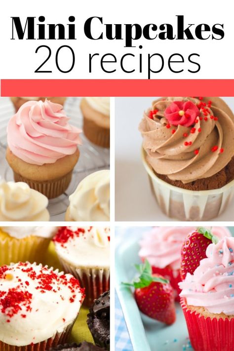 A collection of 20 amazing mini cupcake recipes. Everything from delicious chocolate and peanut butter mini cupcakes to a classic vanilla. These mini cupcakes are great for every occasion. Mini Strawberry Cupcake Recipe, Mini Cupcakes With Filling, How To Fill Mini Cupcakes, Gourmet Mini Cupcakes, Tea Party Mini Cupcakes, Mini Cupcake Flavors, Mini Cupcake Desserts, Mini Cakes Using Cupcakes, Strawberry Mini Cupcakes