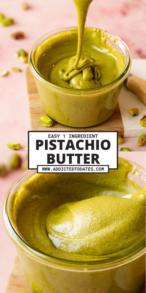 pistachio butter being drizzled into a glass jar showing the runny consistency. Pistachio Powder Recipes, Diy Pistachio Butter, Pistachio Nut Butter, Chocolate Covered Pistachios, Homemade Healthy Treats, Pistachio Butter Recipe Desserts, Diy Pistachio Cream, Cashew Butter Uses, Healthy Foods And Drinks