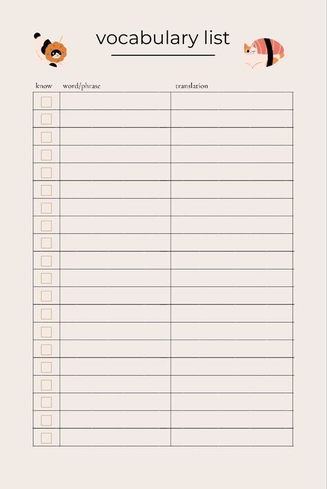 Vocab List Sheet | Printable Planner by  Mattie Donohue mealplannerД±nsert #plannerdeestudosgratis. Vocabulary And Meaning, Goodnotes Language Learning Template, Vocabulary List Template Free Printable, Vocabulary Sheet Template, Cute Vocabulary Notes, Vocabulary Notes Template, Daily Planner Template Free, Language Learning Template, Goodnotes Template Free