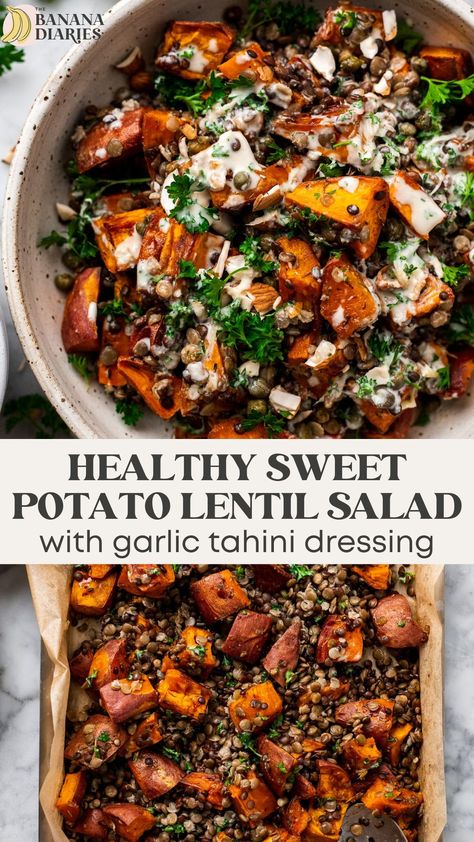 Potato Lentil Salad, Vegetarian Ideas, Daniel Fast Recipes, Daniel Fast, Salad With Sweet Potato, Lentil Salad, Tahini Dressing, Lentil Recipes, Chopping Block