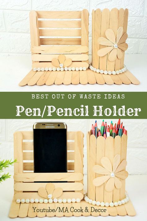 Popsicle Stick Phone Holder, Popsicle Pencil Holder, Popsicle Stick Crafts Pencil Holder, Pencil Holder Diy Popsicle Sticks, Popsicle Stick Desk Organizer, Diy Pencil Holder Ideas, Popsicle Stick Pencil Holder, Best Out Of Waste Pen Stand, Pencil Stand Ideas