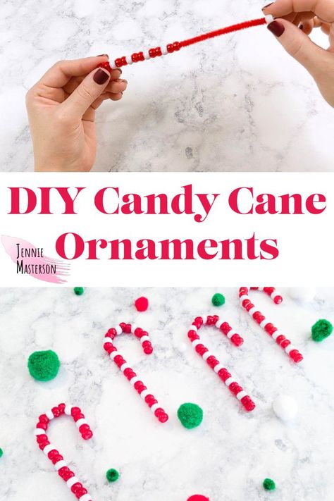 Easy Diy Candy, Diy Candy Cane, Crafts For Christmas, Candy Cane Ornaments, Ornaments Diy Kids, Beaded Ornaments Diy, Candy Cane Crafts, Candy Cane Decorations, Pony Bead Crafts