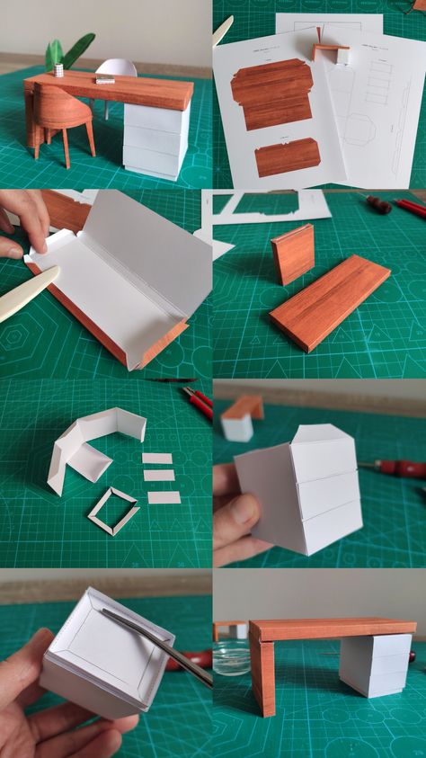 Craft a 1:12 and 1:24 scale office desk model with paper using a printable PDF template. This diy paper craft project is beginner-friendly and all you need are some innexpensive tools and materials, like glue, printer paper and a scoring tool. You can read the instruction with photos, if you need help getting started. You can place the assembled desk model in your dioramas, dollhouse or simply as decoration for your home. Project Brief Template, Diy Cardboard Miniatures, Paper Furniture Diy, Paper Craft Furniture, Paper Craft Miniature, Architecture Model Making Materials, Diy Paper Miniatures, Papercraft Printable Miniature, Miniature Crafts Diy Ideas