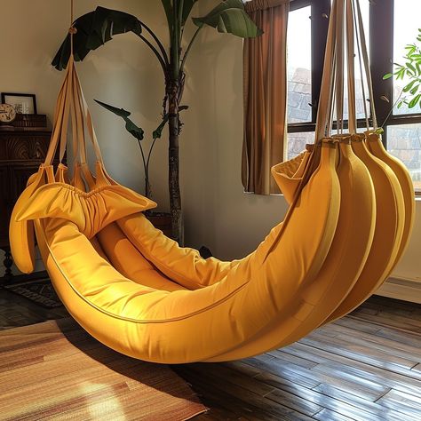 Introducing the “Banana Bliss Hammock” – a vibrant yellow haven for ultimate relaxation. Inspired by the curved shape of bananas, it cradles your body for unmatched comfort. Hang it up, and swing into tropical bliss! Conceptual AI Art Follow @ecosapiens for more! Unique Products Design, Outdoor Swing, Porch Swing, Bananas, Hammock, Outdoor Space, Relaxation, Yellow, Quick Saves