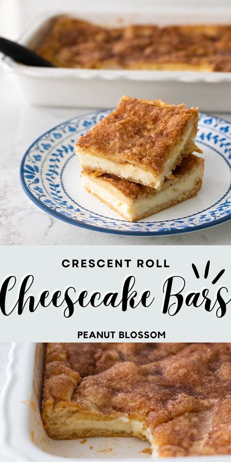 This delicious and easy cheesecake recipe has layers of cakey crescent rolls with a creamy cheesecake filling. The top is a crispy cinnamon sugar mix that tastes just like a churro once it bakes! This make ahead dessert is perfect for bringing to a potluck party. Creasant Roll Cheesecake, Cheesecake Squares Crescent Rolls, Cinnamon Cheesecake Bars Crescent Rolls, Cheesecake Bars Crescent Rolls, Pillsbury Crescent Recipes Cream Cheese, Crescent Roll Cheesecake Bars, Cream Cheese Bars With Crescent Rolls, Cream Cheese Squares Crescent Rolls, Cresants Roll Dessert Recipes