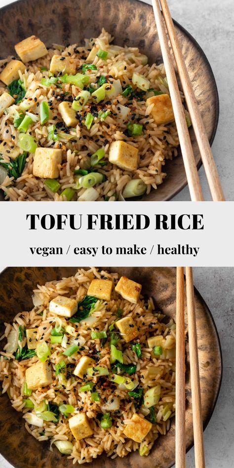 This tofu fried rice recipe is vegan, easy to make, healthy, and so delicious! It's a quick meal that will be ready in 15 minutes. Tofu Fried Rice Vegan, Fried Tofu Rice Bowl, Tofu Fried Rice Recipe, Rice Dishes Vegan, Tofu And Rice Recipes, Tofu And Rice, Asian Tofu Recipes, Tofu Fried Rice, Tofu Fried